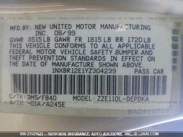 1NXBR12E1YZ304239 - 2000 TOYOTA COROLLA VE/CE/LE 灰色 照片 9