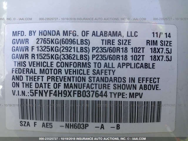 5FNYF4H9XFB037644 - 2015 HONDA PILOT TOURING WHITE photo 9