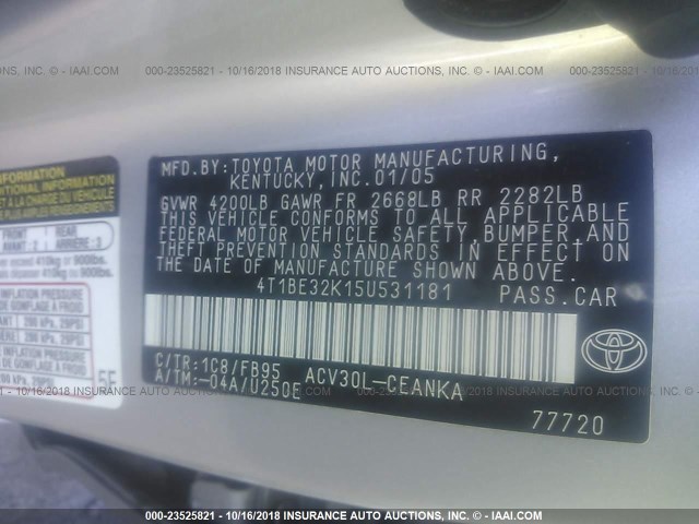 4T1BE32K15U531181 - 2005 TOYOTA CAMRY LE/XLE/SE SILVER photo 9