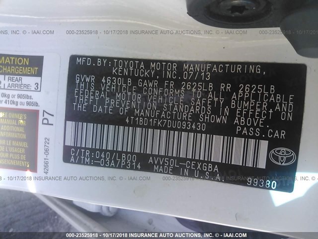 4T1BD1FK7DU093430 - 2013 TOYOTA CAMRY HYBRID/LE/XLE 白色 照片 9