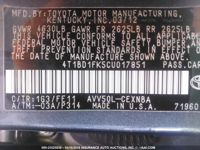 4T1BD1FK5CU017851 - 2012 TOYOTA CAMRY HYBRID/LE/XLE 灰色 照片 9