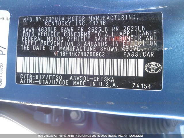 4T1BF1FK7HU700863 - 2017 TOYOTA CAMRY LE/XLE/SE/XSE BLUE photo 9