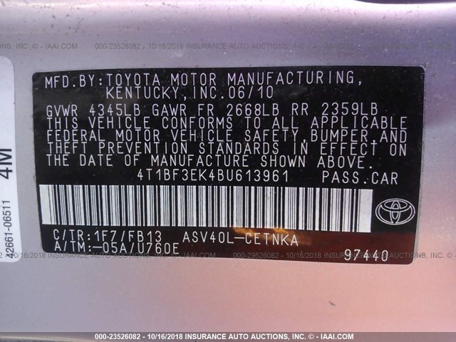 4T1BF3EK4BU613961 - 2011 TOYOTA CAMRY SE/LE/XLE SILVER photo 9