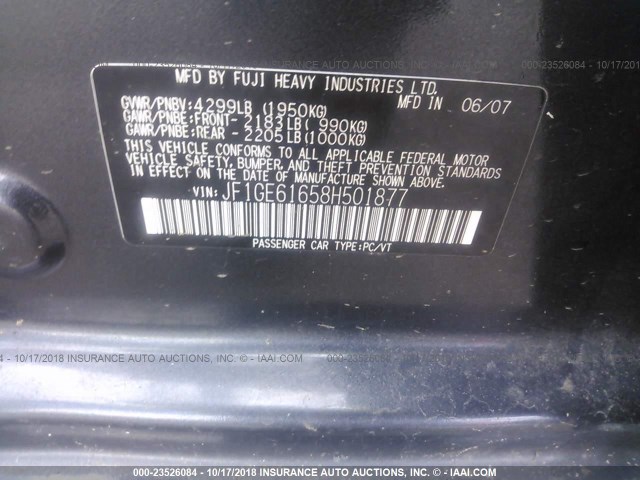 JF1GE61658H501877 - 2008 SUBARU IMPREZA 2.5I BLACK photo 9