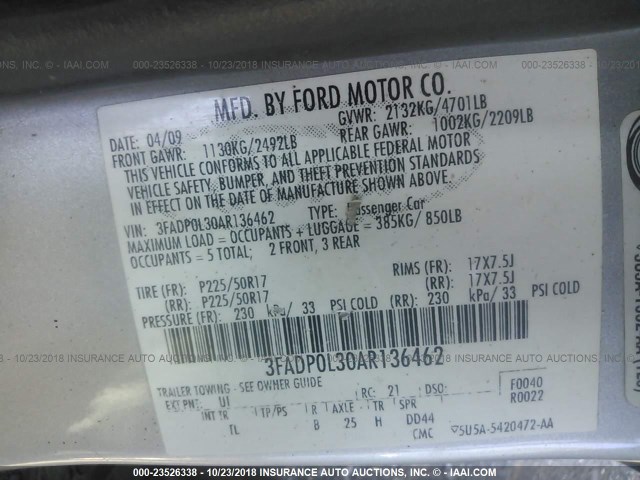 3FADP0L30AR136462 - 2010 FORD FUSION HYBRID SILVER photo 9
