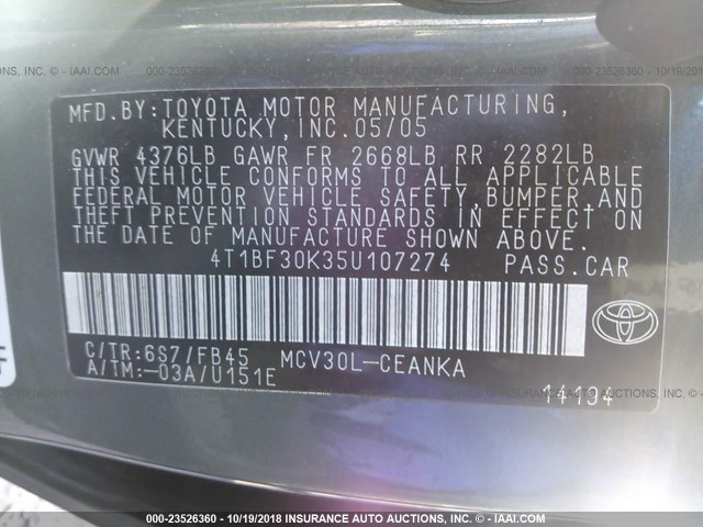 4T1BF30K35U107274 - 2005 TOYOTA CAMRY LE/XLE/SE 绿色 照片 9