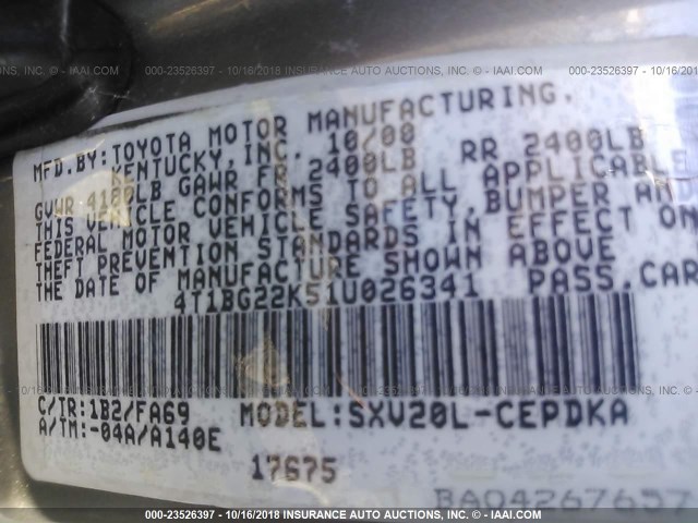 4T1BG22K51U026341 - 2001 TOYOTA CAMRY CE/LE/XLE 棕色 照片 9