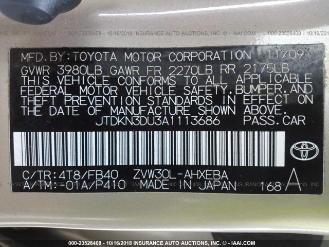 JTDKN3DU3A1113686 - 2010 TOYOTA PRIUS ოქროსფერი ფოტო 9