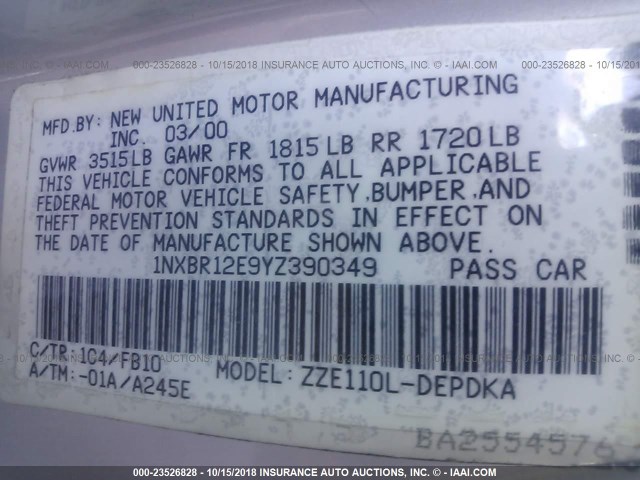 1NXBR12E9YZ390349 - 2000 TOYOTA COROLLA VE/CE/LE 银色 照片 9