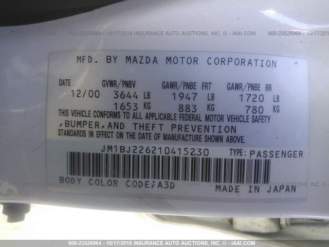 JM1BJ226210415230 - 2001 MAZDA PROTEGE LX/ES თეთრი ფოტო 9