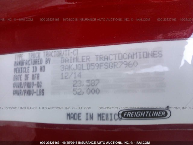 3AKJGLD59FSGR7960 - 2015 FREIGHTLINER CASCADIA 125  RED photo 10