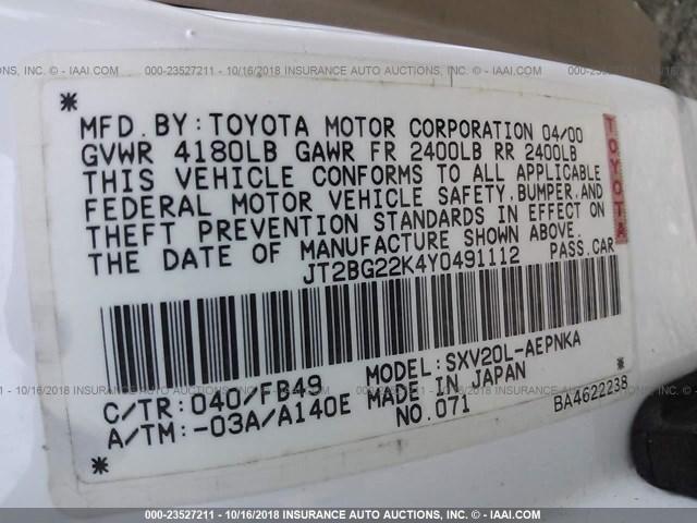 JT2BG22K4Y0491112 - 2000 TOYOTA CAMRY CE/LE/XLE 白色 照片 9
