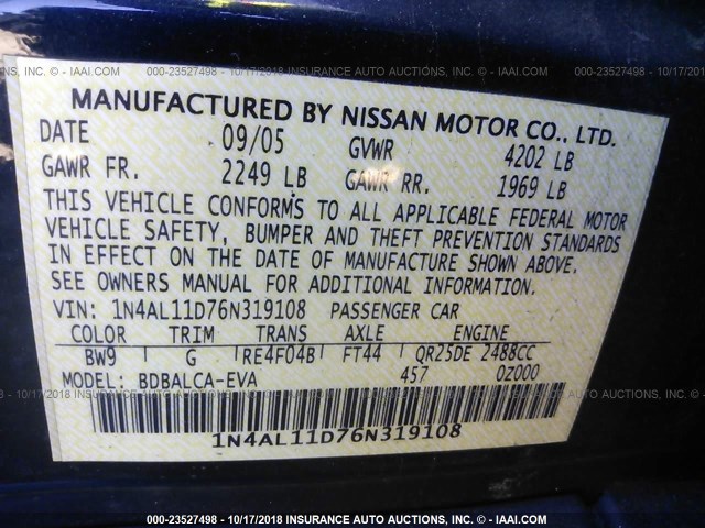 1N4AL11D76N319108 - 2006 NISSAN ALTIMA S/SL Dark Blue photo 9