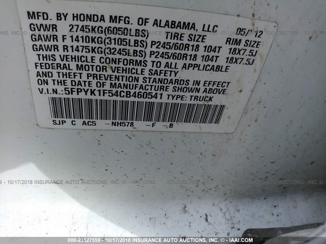 5FPYK1F54CB460541 - 2012 HONDA RIDGELINE RTL WHITE photo 9