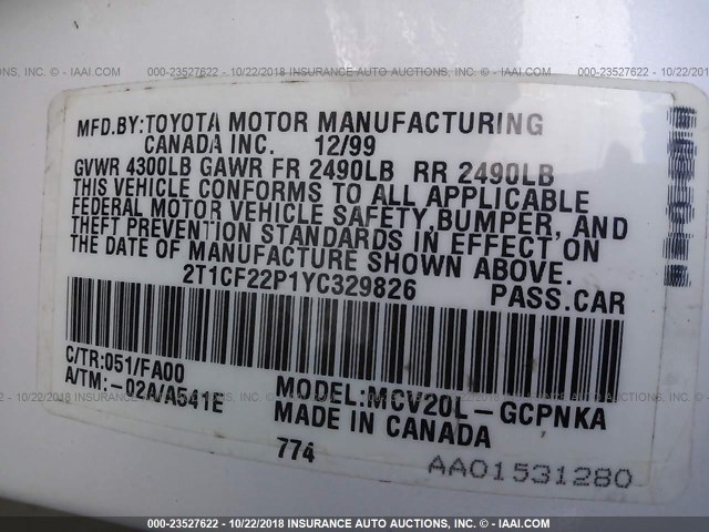 2T1CF22P1YC329826 - 2000 TOYOTA CAMRY SOLARA SE/SLE WHITE photo 9