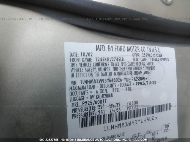 1LNHM81W93Y648026 - 2003 LINCOLN TOWN CAR EXECUTIVE Beige Foto 9