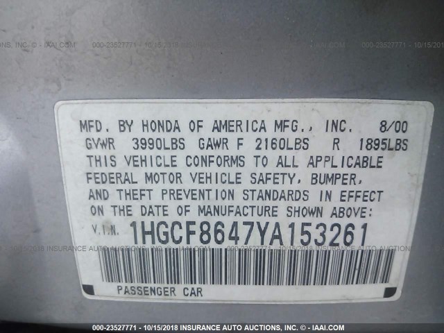 1HGCF8647YA153261 - 2000 HONDA ACCORD DX SILVER photo 9