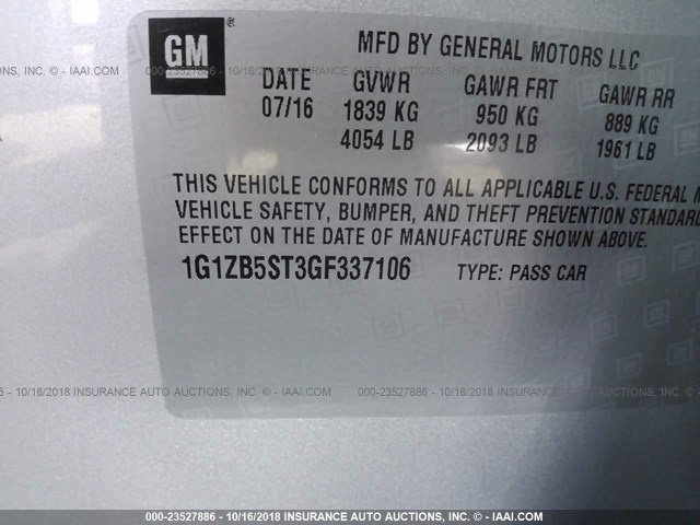 1G1ZB5ST3GF337106 - 2016 CHEVROLET MALIBU LS 银色 照片 9