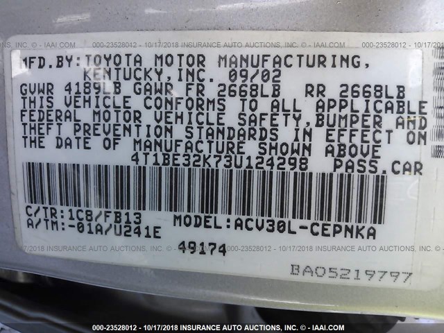4T1BE32K73U124298 - 2003 TOYOTA CAMRY LE/XLE/SE SILVER photo 9