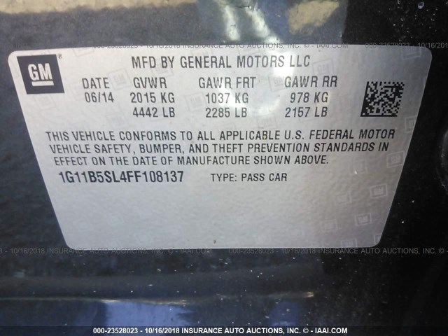 1G11B5SL4FF108137 - 2015 CHEVROLET MALIBU LS 灰色 照片 9