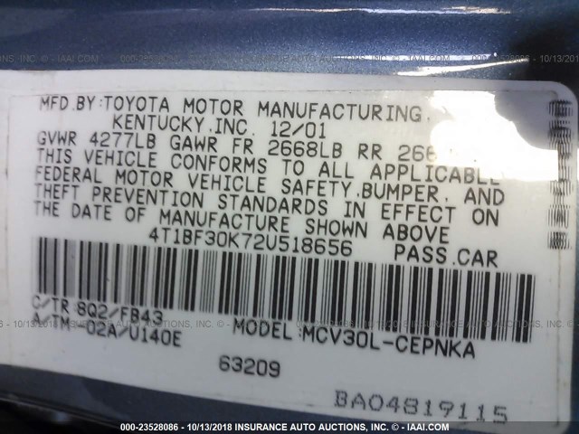 4T1BF30K72U518656 - 2002 TOYOTA CAMRY LE/XLE/SE BLUE photo 9