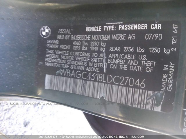 WBAGC4318LDC27046 - 1990 BMW 735 IL GREEN photo 9