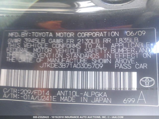 JTKDE3B71A0305709 - 2010 TOYOTA SCION TC 黑色 照片 9