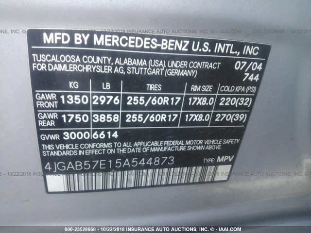 4JGAB57E15A544873 - 2005 MERCEDES-BENZ ML 350 ვერცხლისფერი ფოტო 9