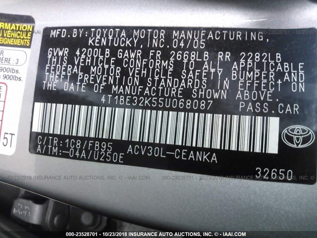 4T1BE32K55U068087 - 2005 TOYOTA CAMRY LE/XLE/SE SILVER photo 9