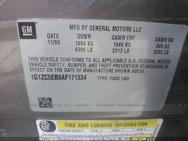 1G1ZC5EB8AF171334 - 2010 CHEVROLET MALIBU 1LT TAN photo 9