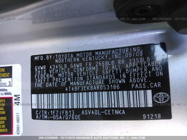 4T4BF3EK8AR053186 - 2010 TOYOTA CAMRY SE/LE/XLE SILVER photo 9