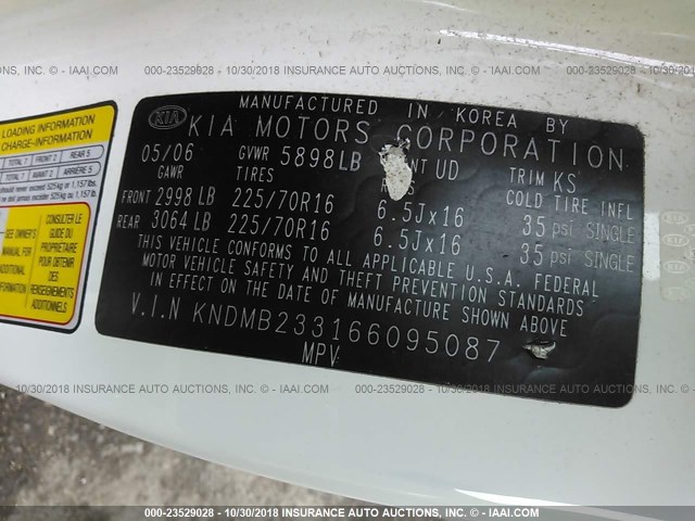 KNDMB233166095087 - 2006 KIA SEDONA EX/LX Ağ foto 9