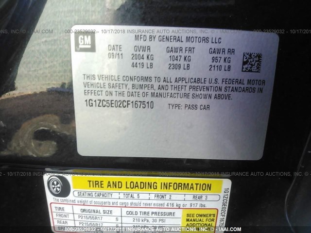 1G1ZC5E02CF167510 - 2012 CHEVROLET MALIBU 1LT BLACK photo 9