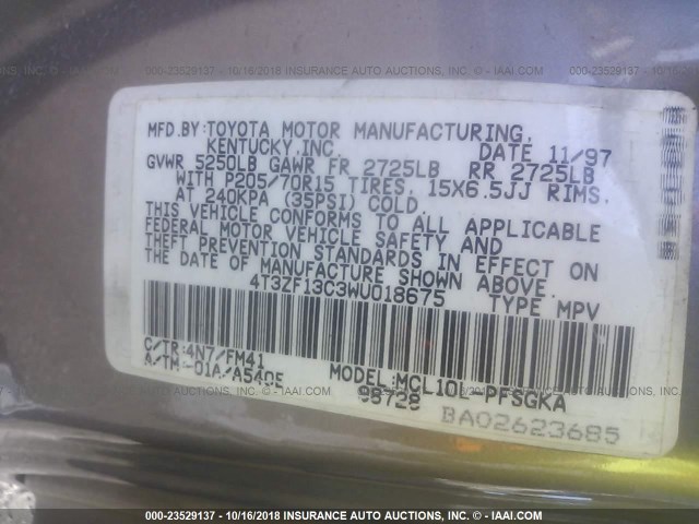 4T3ZF13C3WU018675 - 1998 TOYOTA SIENNA LE/XLE GOLD photo 9