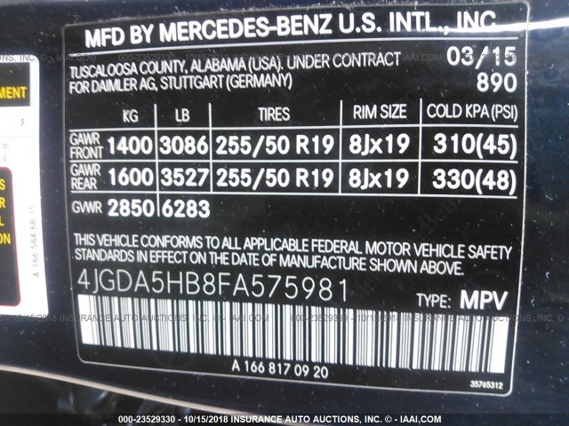 4JGDA5HB8FA575981 - 2015 MERCEDES-BENZ ML 350 4MATIC BLUE photo 9