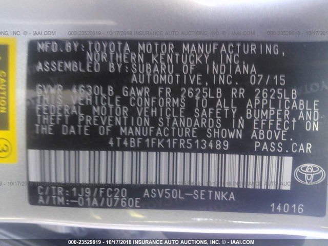 4T4BF1FK1FR513489 - 2015 TOYOTA CAMRY LE/XLE/SE/XSE SILVER photo 9