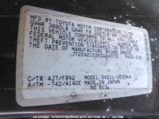 JT2SV21E2K0264073 - 1989 TOYOTA CAMRY DLX BLACK photo 9