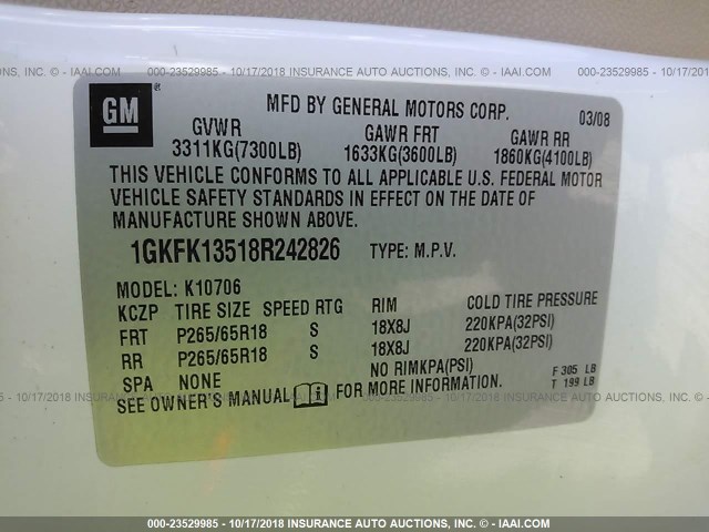 1GKFK13518R242826 - 2008 GMC YUKON HYBRID WHITE photo 9