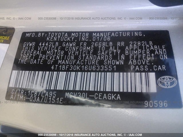 4T1BF30K16U633551 - 2006 TOYOTA CAMRY LE/XLE/SE SILVER photo 9