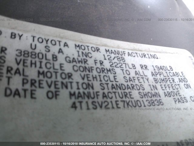 4T1SV21E7KU013836 - 1989 TOYOTA CAMRY DLX GRAY photo 9