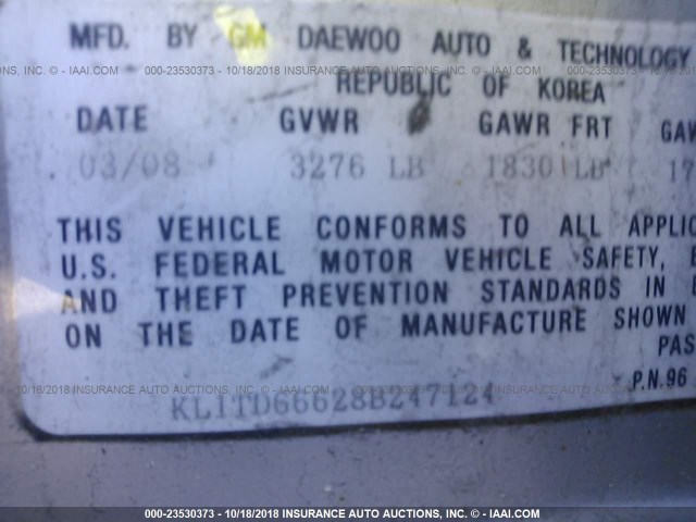 KL1TD66628B247124 - 2008 CHEVROLET AVEO LS SILVER photo 9