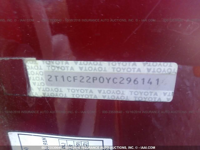 2T1CF22P0YC296141 - 2000 TOYOTA CAMRY SOLARA SE/SLE Qırmızı foto 9