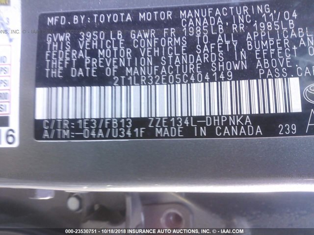 2T1LR32E05C404149 - 2005 TOYOTA COROLLA MATRIX XR GRAY photo 9