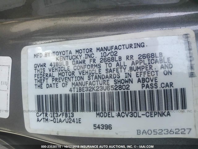 4T1BE32K23U652802 - 2003 TOYOTA CAMRY LE/XLE/SE GRAY photo 9
