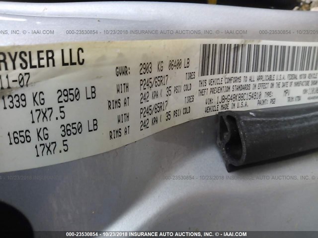 1J8HG48K88C154910 - 2008 JEEP COMMANDER SPORT Արծաթագույն լուսանկար 9