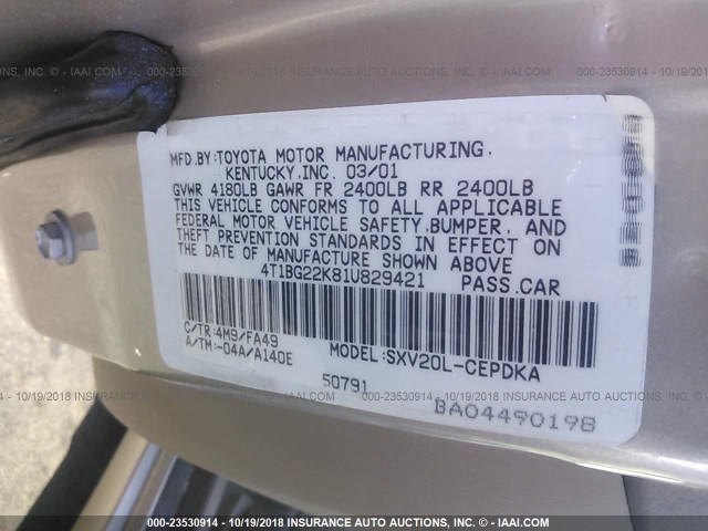 4T1BG22K81U829421 - 2001 TOYOTA CAMRY CE/LE/XLE 金色 照片 9