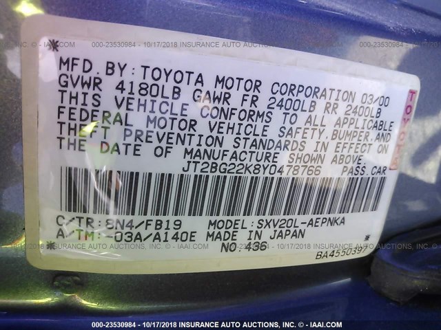 JT2BG22K8Y0478766 - 2000 TOYOTA CAMRY CE/LE/XLE 蓝色 照片 9