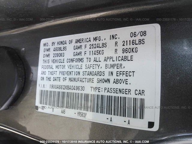 19UUA662X8A049630 - 2008 ACURA TL GRAY photo 9