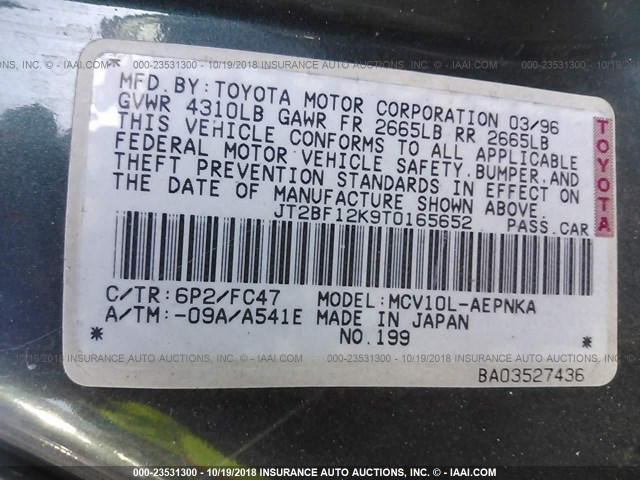 JT2BF12K9T0165652 - 1996 TOYOTA CAMRY LE/XLE/SE GREEN photo 9