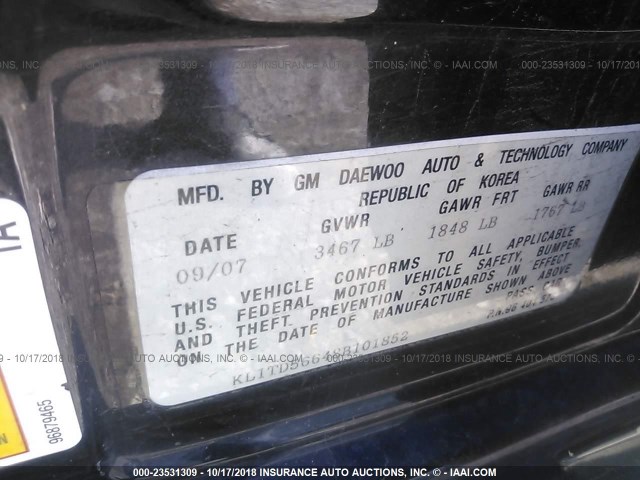 KL1TD56648B101852 - 2008 CHEVROLET AVEO LS BLACK photo 9